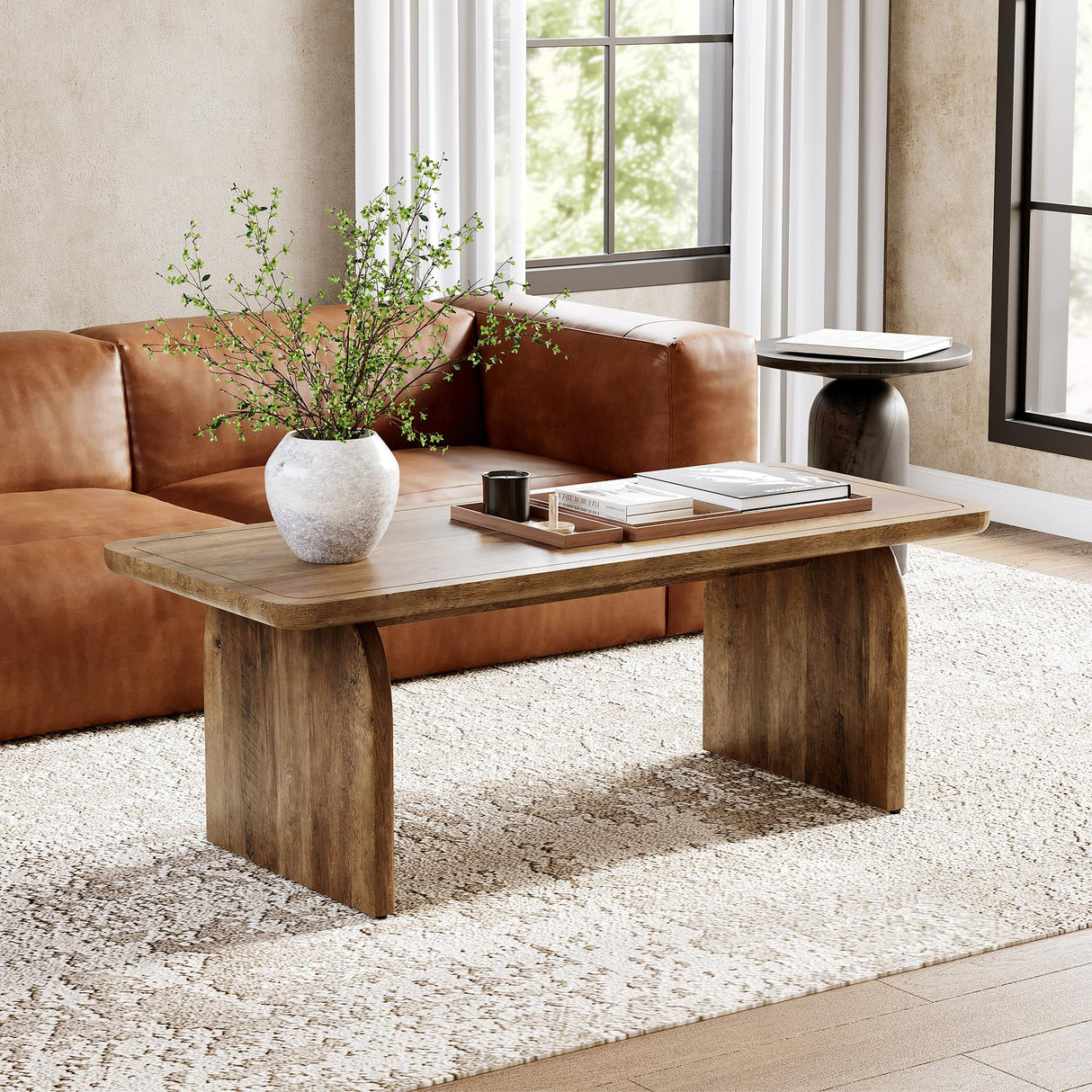 LITTLE TREE Farmhouse Coffee Table, 47 Inches Wooden Center Tables with Rounded Corners, Rectangular Living Room Tables, Modern Low Cocktail Tea Furniture for Living Room (Rustic Brown) LITTLE TREE