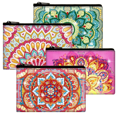Silkfly 4 Pcs Diamond Painting Art Makeup Bags DIY Purses Toiletry 5d Handmade Double Design Diamond Painting Cosmetic Bags Bulk with Zipper Rhinestone Accessories for Women(Mandala)