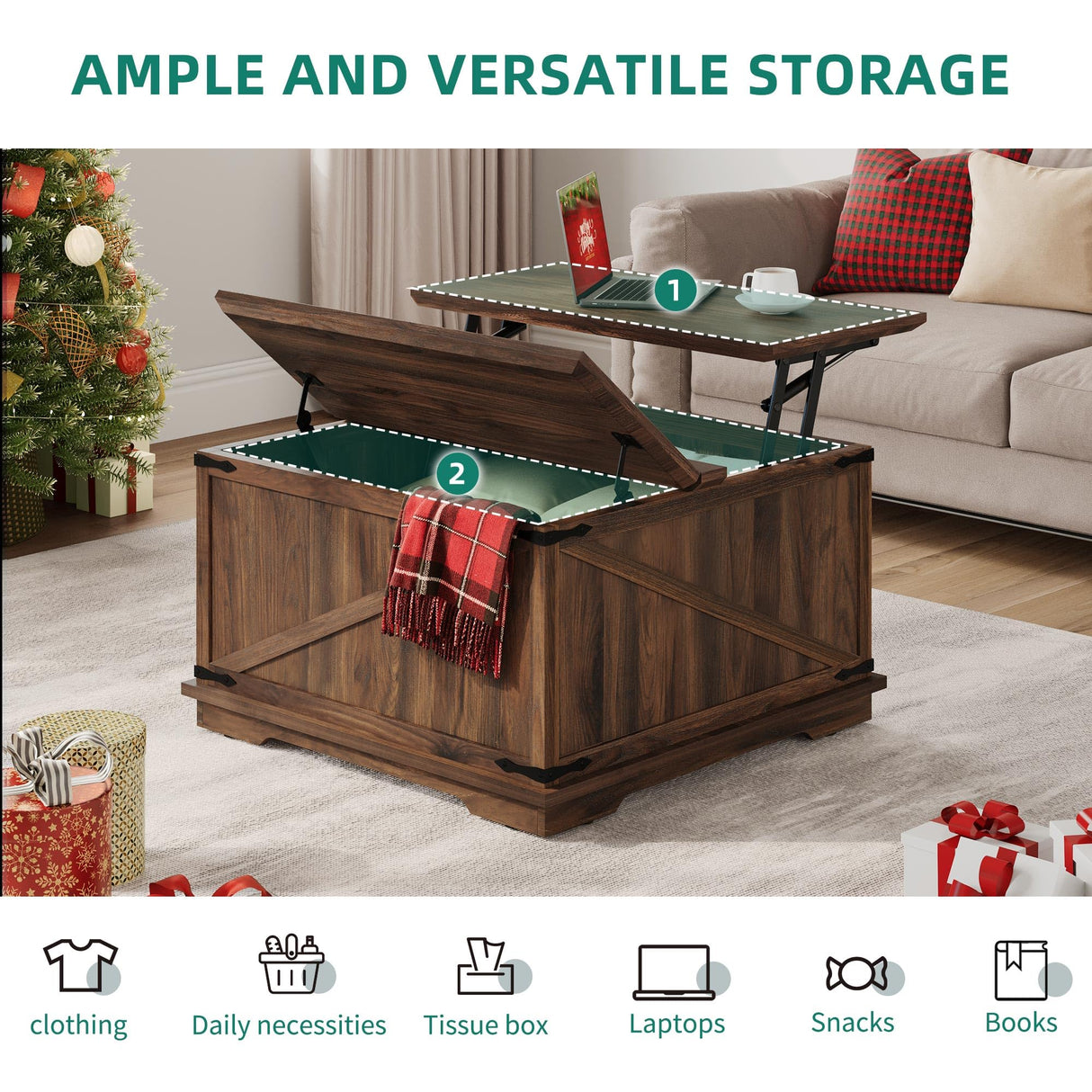 YITAHOME Farmhouse Lift Top Coffee Table for Living Room, Square Wood Coffee Table with Large Hidden Storage Compartment, Rustic Cocktail Table with Hinged Lift Top for Home Office, Reclaimed Barnwood YITAHOME