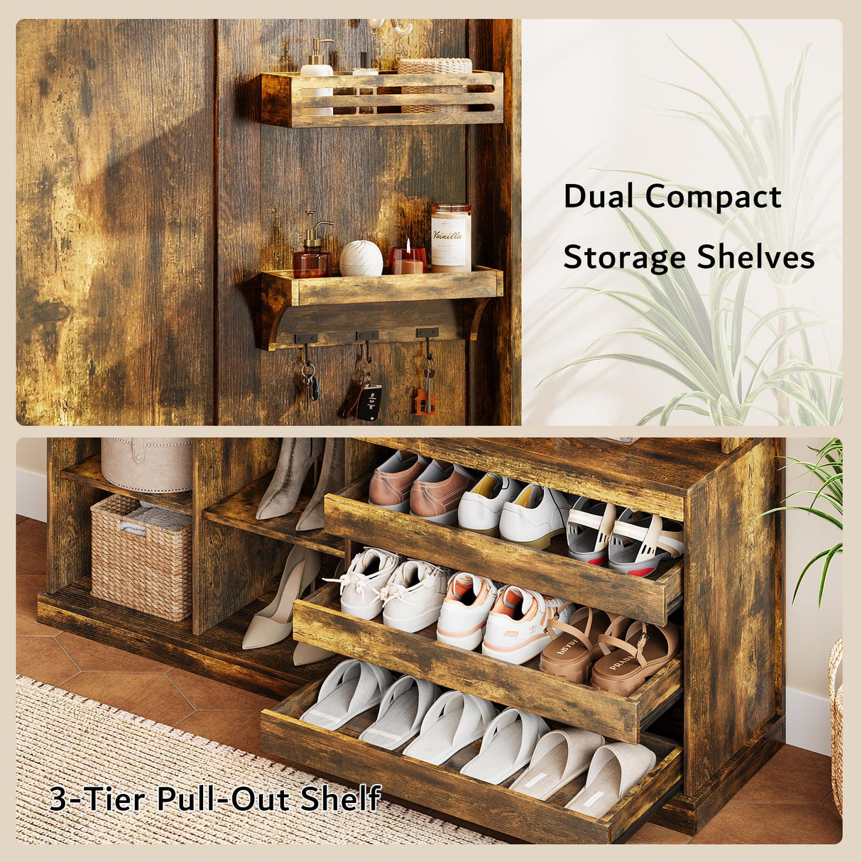 iPormis 70“ Large Hall Tree with Bench and Adjustable Storage Shelves, 6-in-1 Farmhouse Entryway Bench w/Coat Rack, Top Storage, Small Shelves for Entryway, Living Room, Led Lights, Rustic Brown iPormis