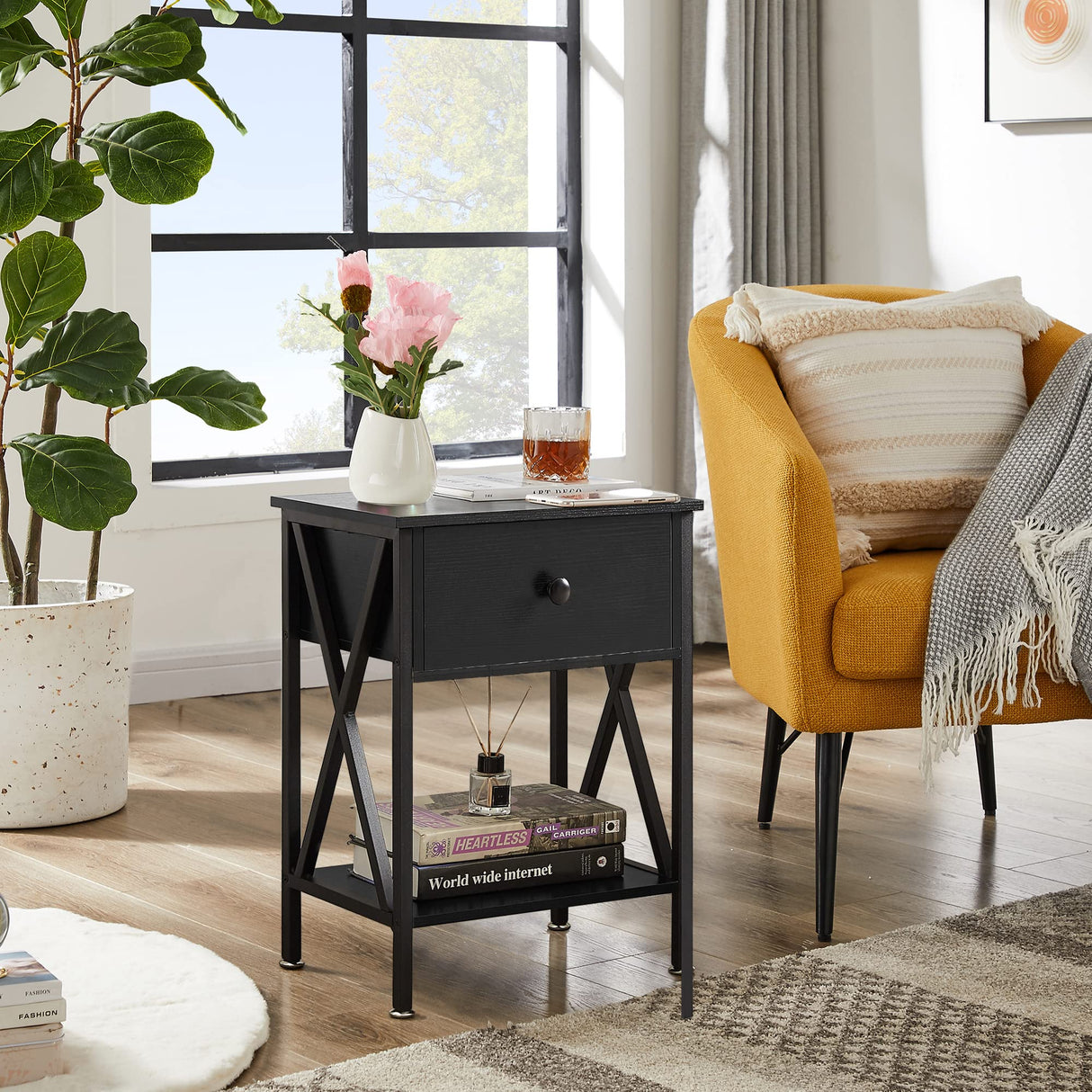 VECELO Nightstands Set of 2, Modern Bedside End Tables, Night Stands with Drawer and Storage Shelf for Living Room Bedroom, Industrial Metal Frame VECELO