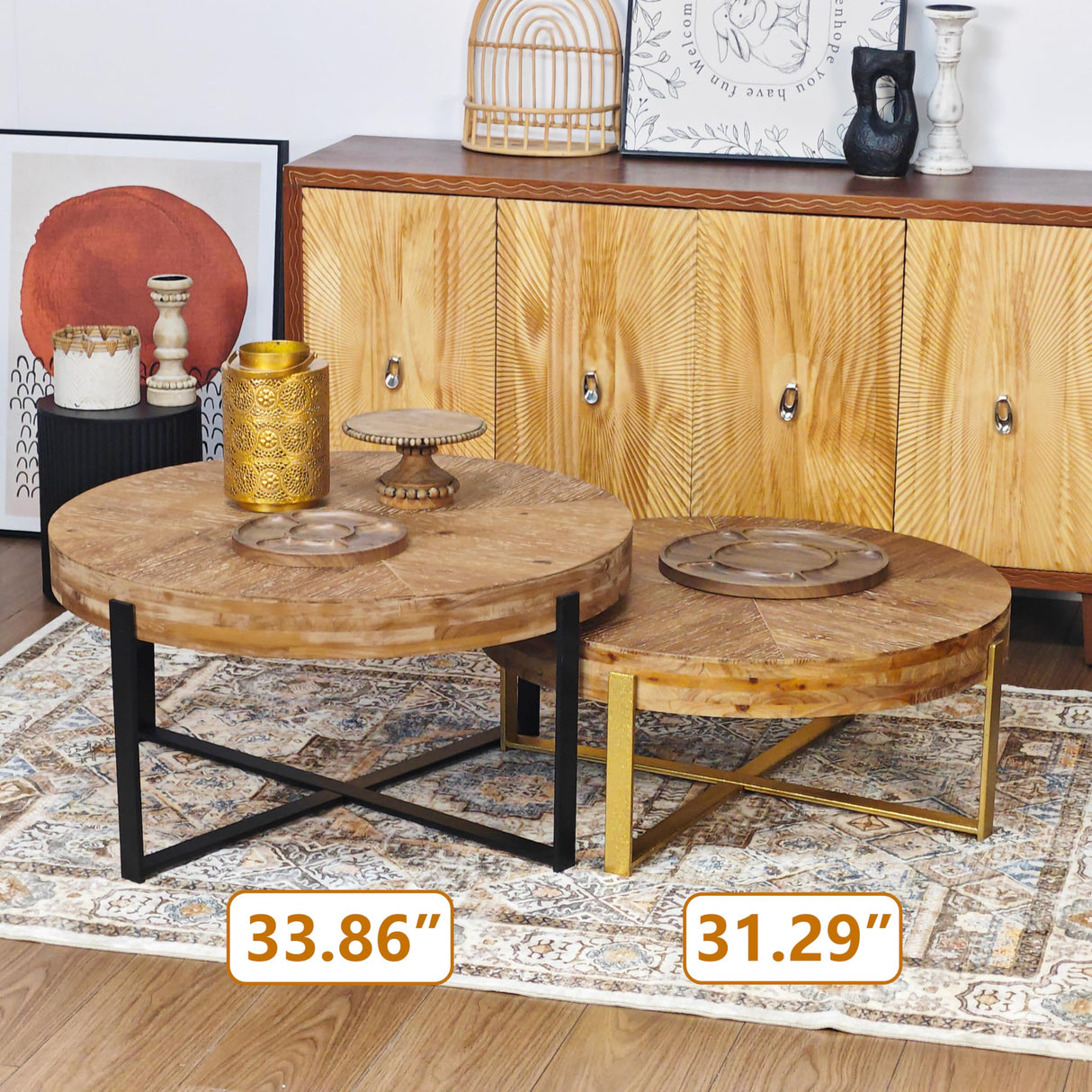 31.29" Modern Retro Splicing Round Coffee Table,Fir Wood Table Top with Black Cross Legs Base Wetiny
