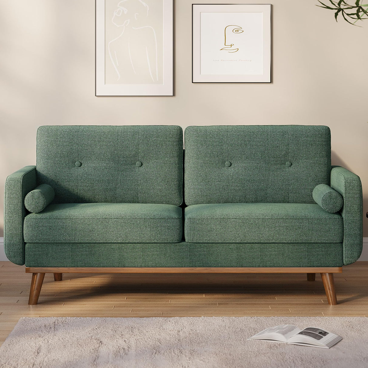 GarveeHome 65 in Loveseat Sofa, Mid Century Modern Couch Comfy Love Seat Couches for Living Room, 2 Seater Deep Seat Couch Linen Upholstered Couches for Bedroom Office Small Space, Green GarveeHome