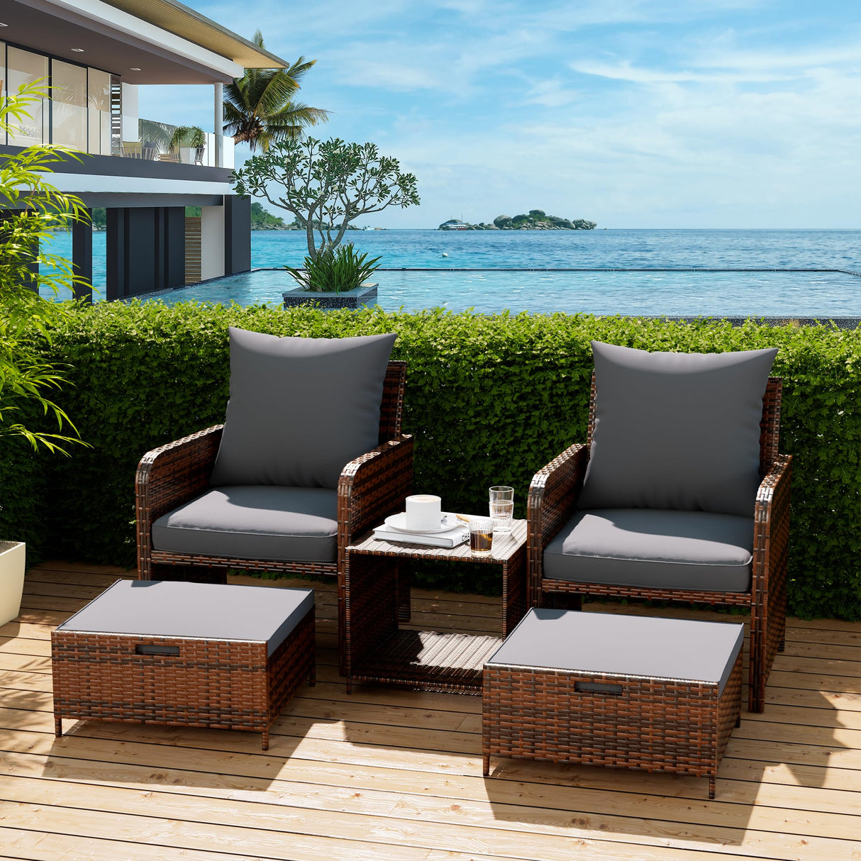 UDPATIO Balcony Furniture Patio Set with Ottoman, Patio Bistro Set 5 Piece Wicker Patio Furniture Set with Footrest for Front Porch Small Space UDPATIO