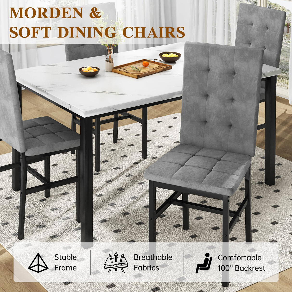 AWQM Dining Table Set for 4,Faux Marble Kitchen Table and Chairs Set of 4, Modern Dining Room Set for 4,Dinner Table Set with Velvet Chairs, Dining Set for Small Spaces,White & Grey AWQM