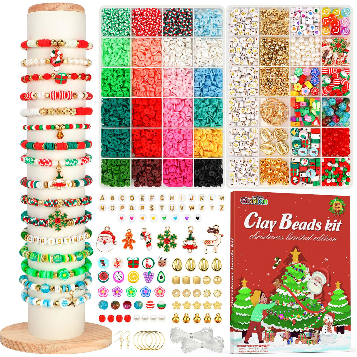 Gionlion Christmas Bracelet Making Kit, Clay Beads Friendship Bracelet Kit Christmas Crafts Gifts for Girls Ages 6-12, Gold Beads Charm Bracelet Maker Set Preppy Jewelry Making Kit Gifts for Teen Gionlion