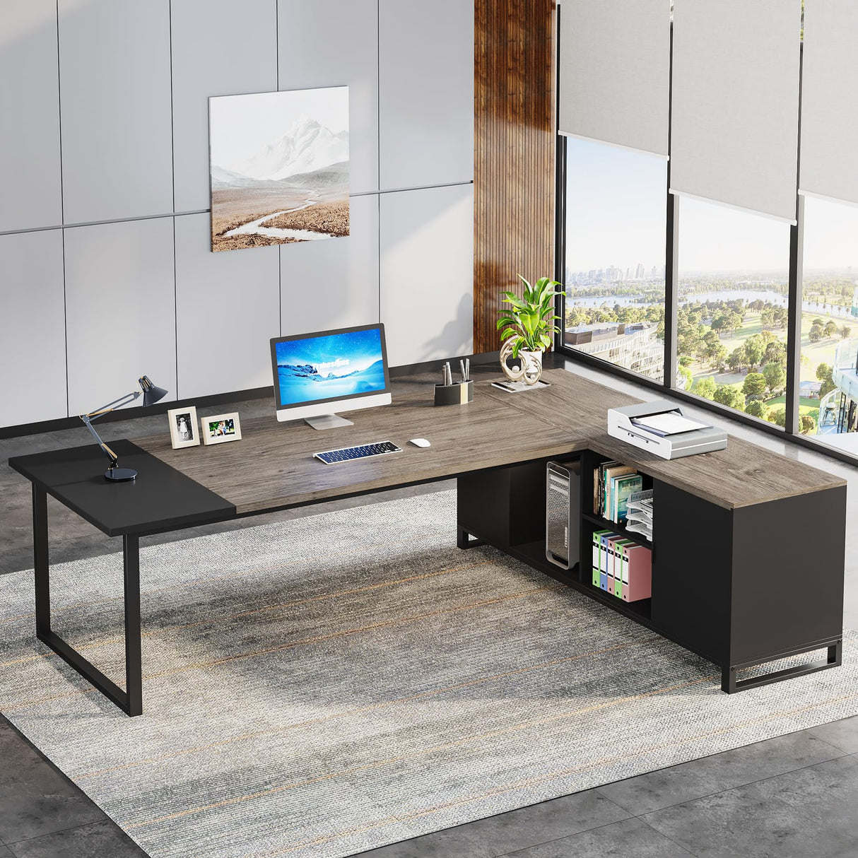 Tribesigns 70.8" Executive Desk with 55" File Cabinet, Industrial L Shaped Computer Desk with Storage Shelves and Cabinet, Large L Shaped Executive Desk for Home Office, Retro Gray & Black Tribesigns
