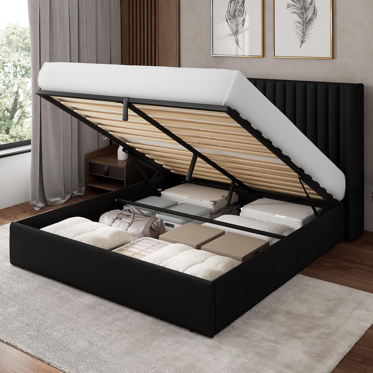 Feonase Queen Size Lift Up Storage Bed Frame, Linen Upholstered Platform Bed with Wingback Headboard, Hydraulic Storage, No Box Spring Needed, Black Feonase