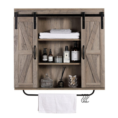 RUSTOWN Rustic Wood Wall Storage Cabinet with Two Sliding Barn Door, 3-Tier Decorative Farmhouse Vintage Cabinet for Kitchen Dining, Bathroom, Living Room, Washed Oak
