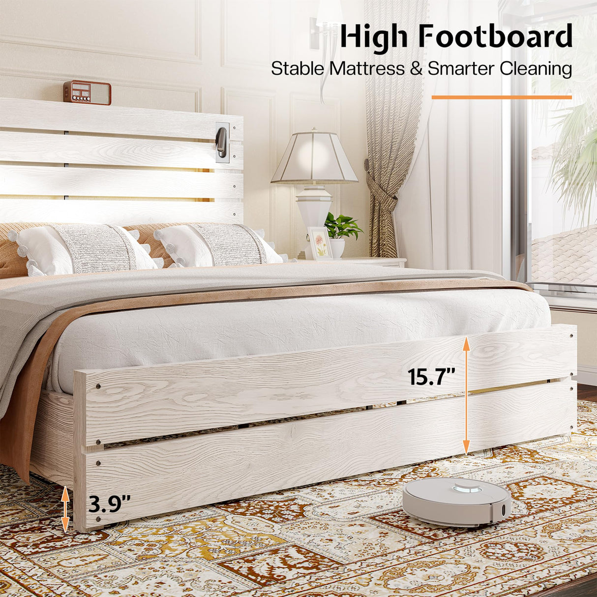 Jocisland Full Size Farmhouse Bed Frame, 51" Headboard with LED Reading Lights, Rustic Wood Look, No Box Spring Needed, Ash White Jocisland