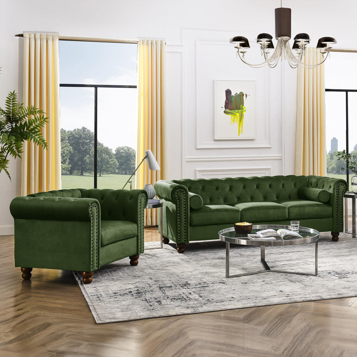 Asucoora Tufted Velvet Sofa Couch for Living Room, Rolled Arm 3-Seater Sofa Couch with Nailhead Trim and 2 Neck Roll Pillows, Small Apartment Chesterfield Sofa Green Asucoora
