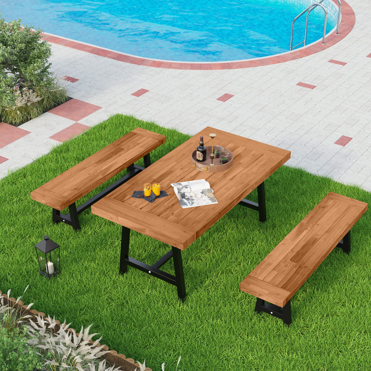 MFSTUDIO 3 Pieces Outdoor Patio Dining Set,Acacia Wood Table Bench Furniture Set with 1 Rectangular Picnic Wooden Table and 2 Benches for Backyard, Garden, Lawn-Teak Color MFSTUDIO