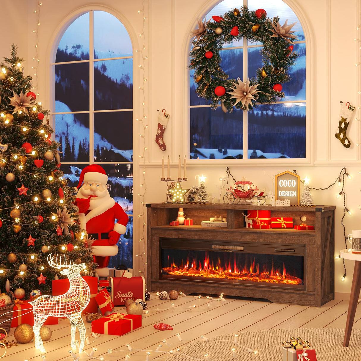 COCO DESIGN Fireplace TV Stand, Multicolor Wood Texture 50" Electric Fireplace with Highlight Storage Cabinet, LED Light Entertainment Center, for TVs Up to 65"(Gray) COCO DESIGN