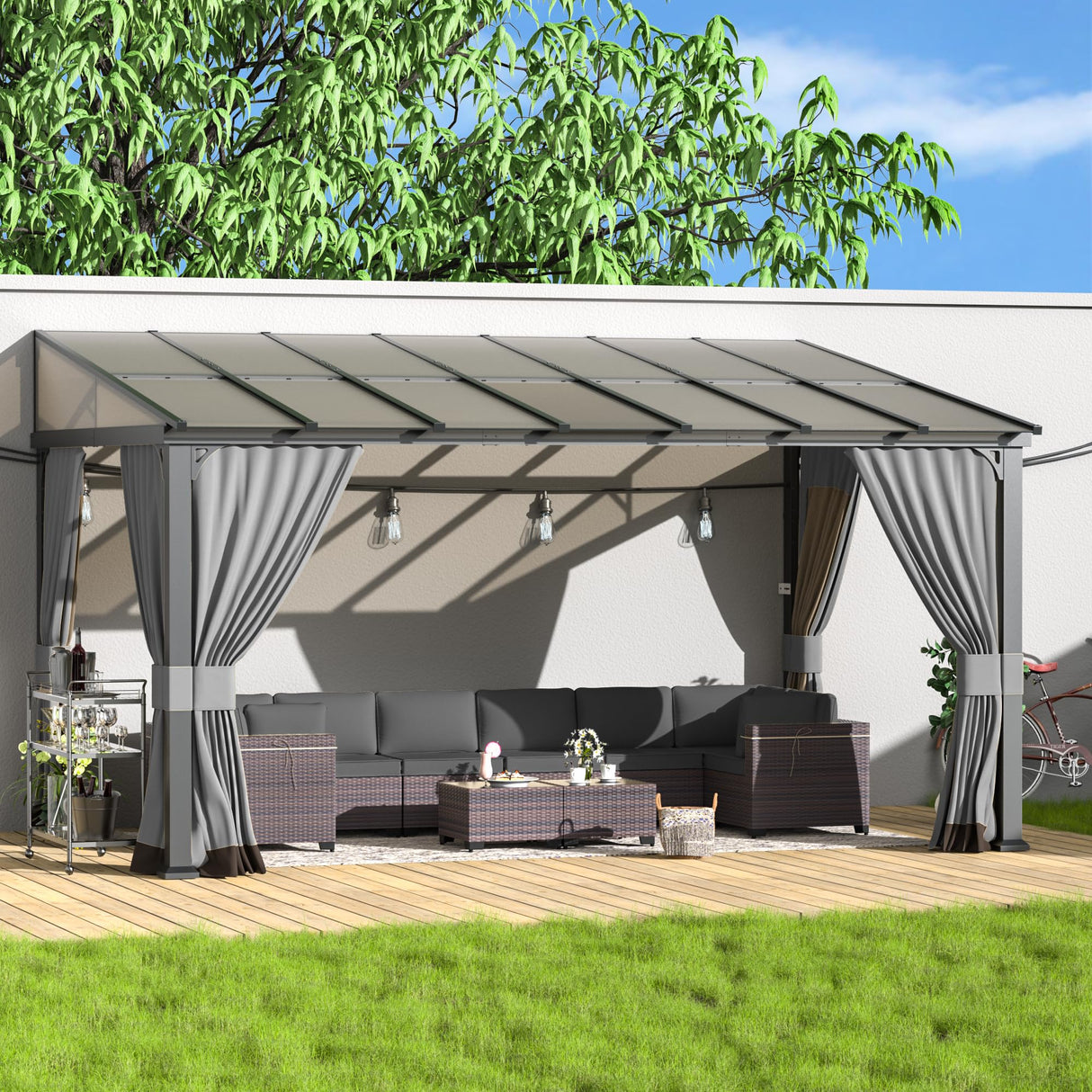 Kurapika 10’ x 14’ Gazebo, Wall Mount Gazebo Outdoor Pergola, Hardtop Lean to Gazebo Canopy Awnings with Sloped Roof and Sturdy Steel Frame, for Patio, Porch, Deck, Backyard(Grey) Kurapika