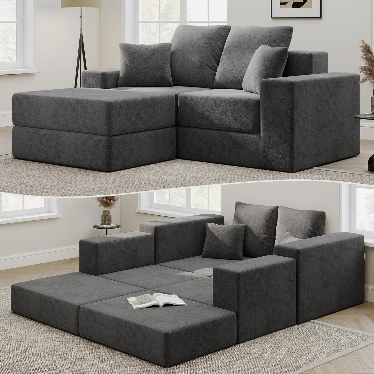 Modular Sectional Sofa, Cloud Boneless Couch with Deep Seat, Modern L-Shape Sectional Couch, Upholstered Couches for Living Room Bedroom, Convertible Foldable Sofa Bed, No Assembly, Dark Grey Living&Giving
