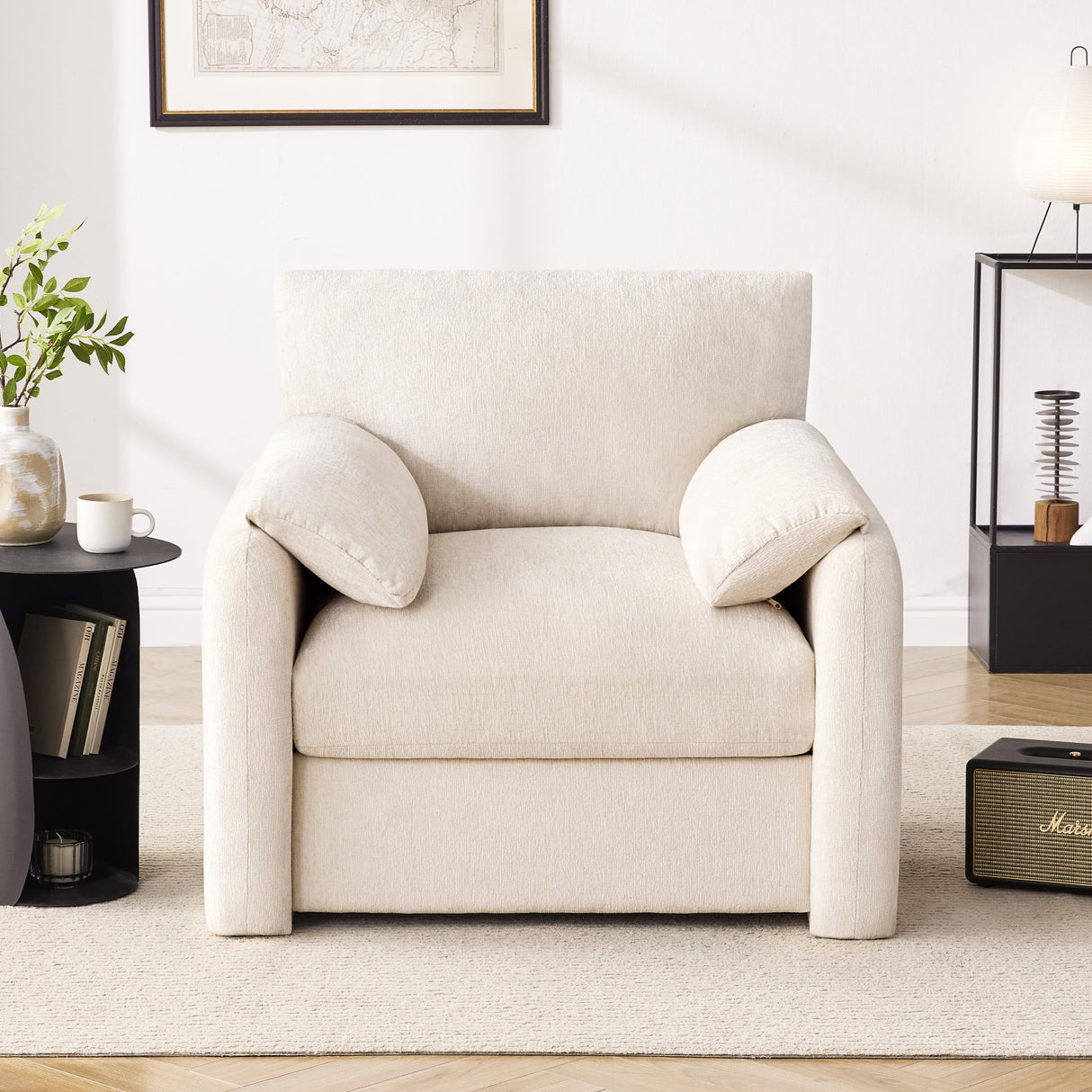 Howjoe Chenille Oversized Armchair, 38.6" Wide Accent Chairs for Living Room & Bedroom Modern Lounge Chair, Upholstered Mid-Century Reading Chair, Comfy Living Room Chair, Single Sofa Chair, Beige Howjoe