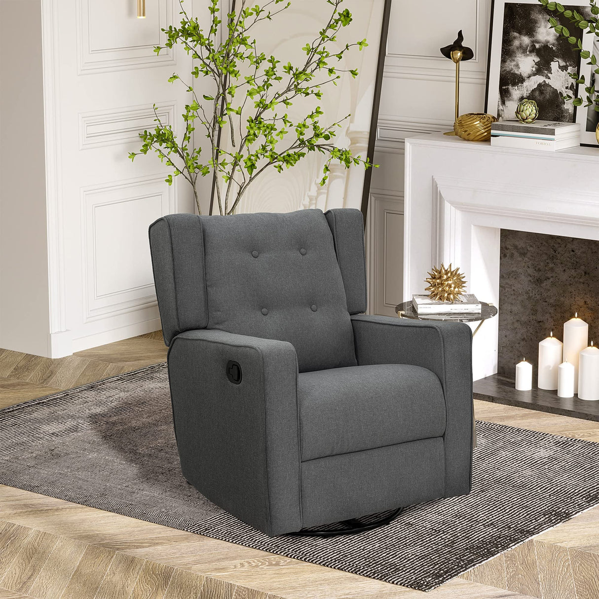 HOMCOM Wingback Swivel Recliner Chair Glider Rocking Chair for Nursery with Button Tufted, Padded Single Home Theater Seater for Living Room Bedroom, Grey HOMCOM