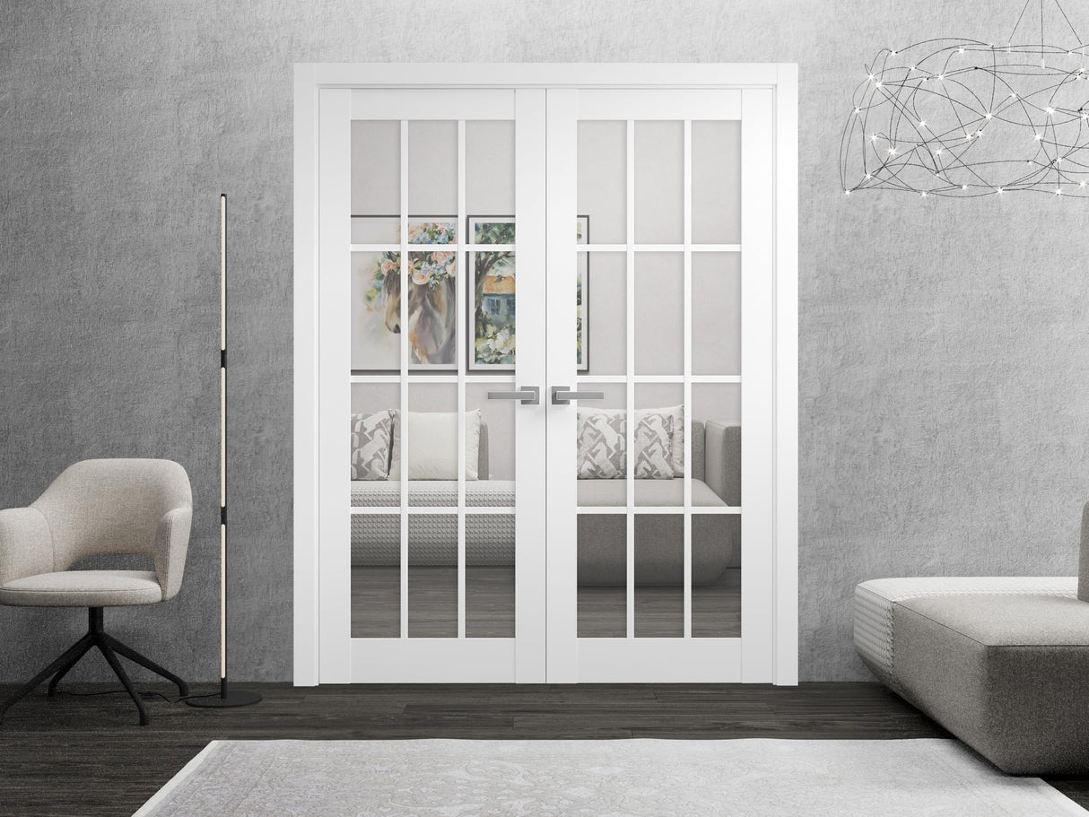 Solid French Double Doors 56 x 80 inches Clear Glass 3 Lites | Felicia 3355 White Silk | Wood Solid Panel Frame Trims | Closet Bedroom Sturdy Doors SARTODOORS