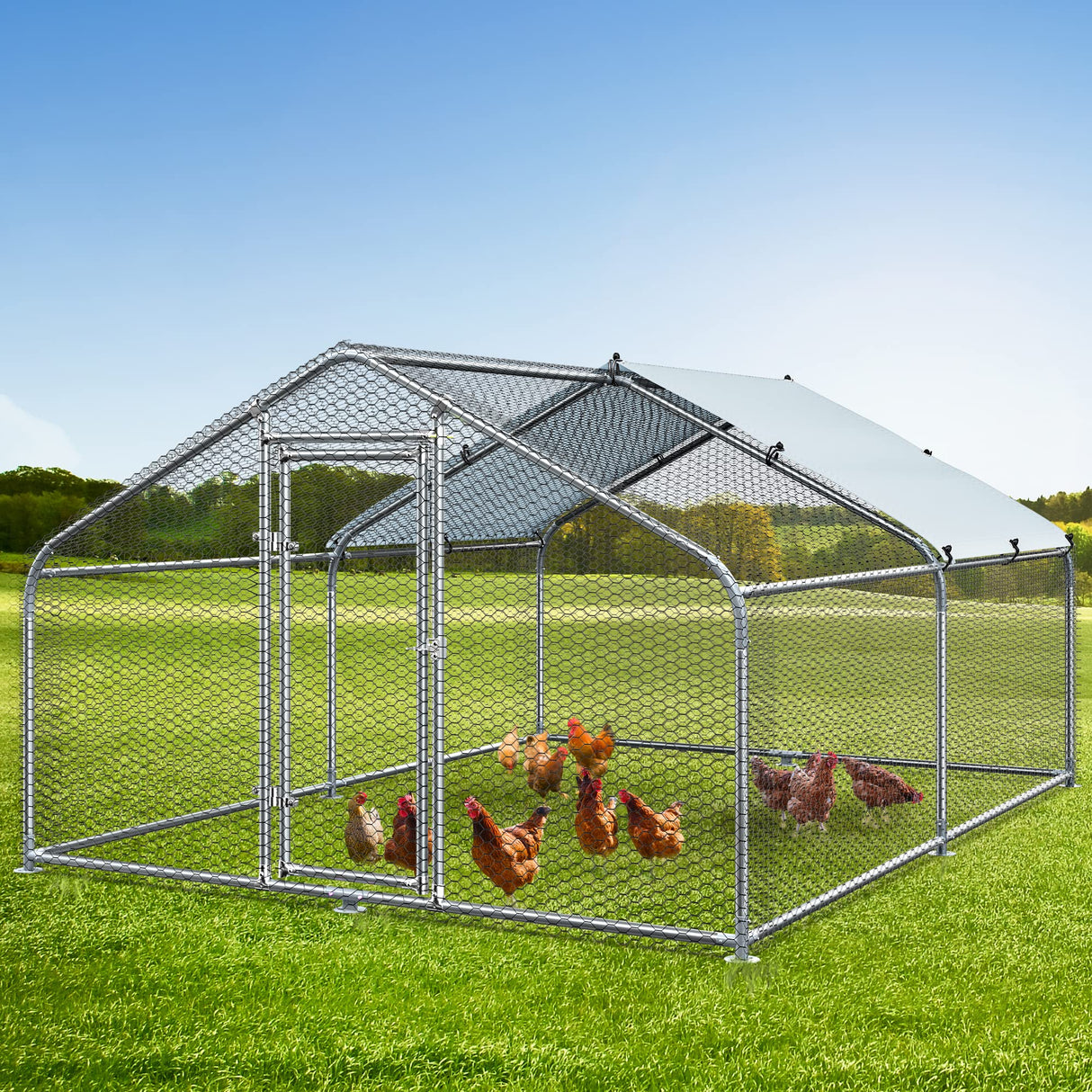 DWVO Large Metal Chicken Coop with Top Cover, 13.1'Lx9.8'Wx6.4'H Large Poultry Cage with Run, Chicken Run House Duck Cage Rabbits Coop for Outdoor Yard Farm DWVO