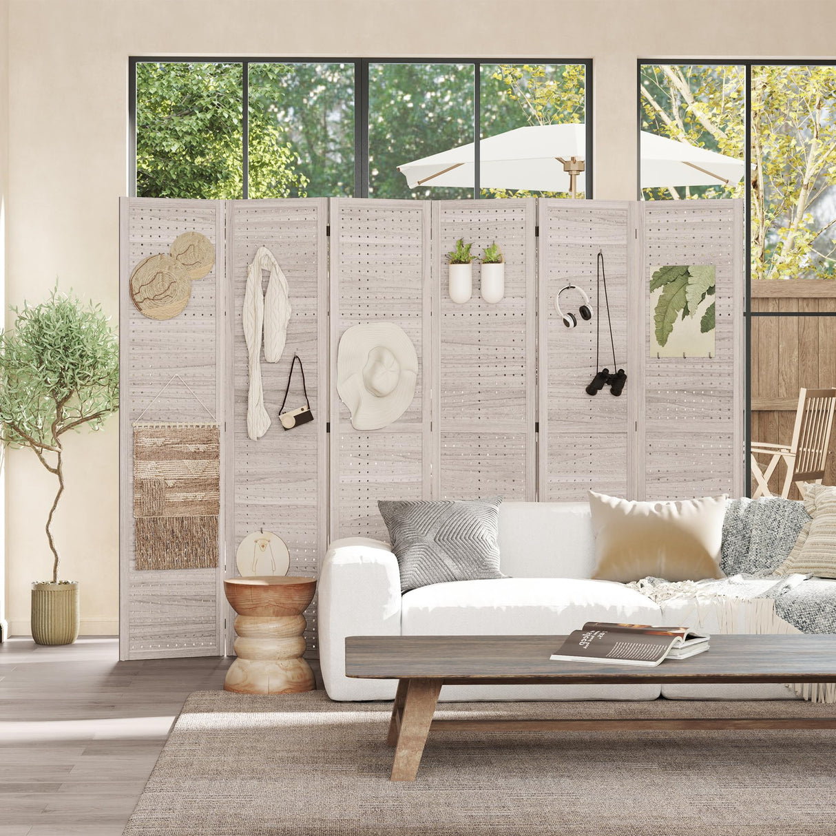 HOMCOM 6 Panel Pegboard Display with 500 Hook Holes, Wood Room Divider Wall, 5.6Ft Folding Privacy Screens, Portable Freestanding Wall Organizer for Bedroom Reading Room, Natural HOMCOM