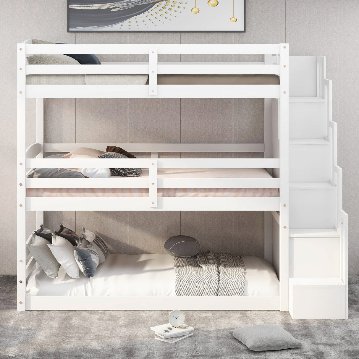 Harper & Bright Designs Wood Triple Bunk Bed with Storage Staircase, Wooden Floor Bunk Beds 3 Beds in 1 for Kids, Detachable Triple Bed Can Convertible into Twin Bunk Beds & Loft Bed, White Harper & Bright Designs