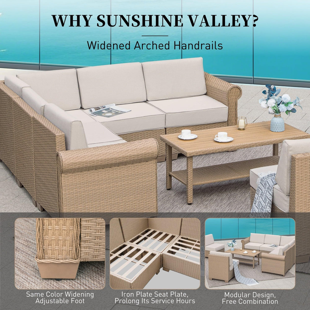 Patio Furniture Set 6 Piece, Wicker Rattan Sectional Sofa Couch with 5.5" Thick Waterproof Cushion and Coffee Table, L Shape All Weather Outdoor Conversation Set for Lawn Backyard Deck, Beige SUNSHINE VALLEY