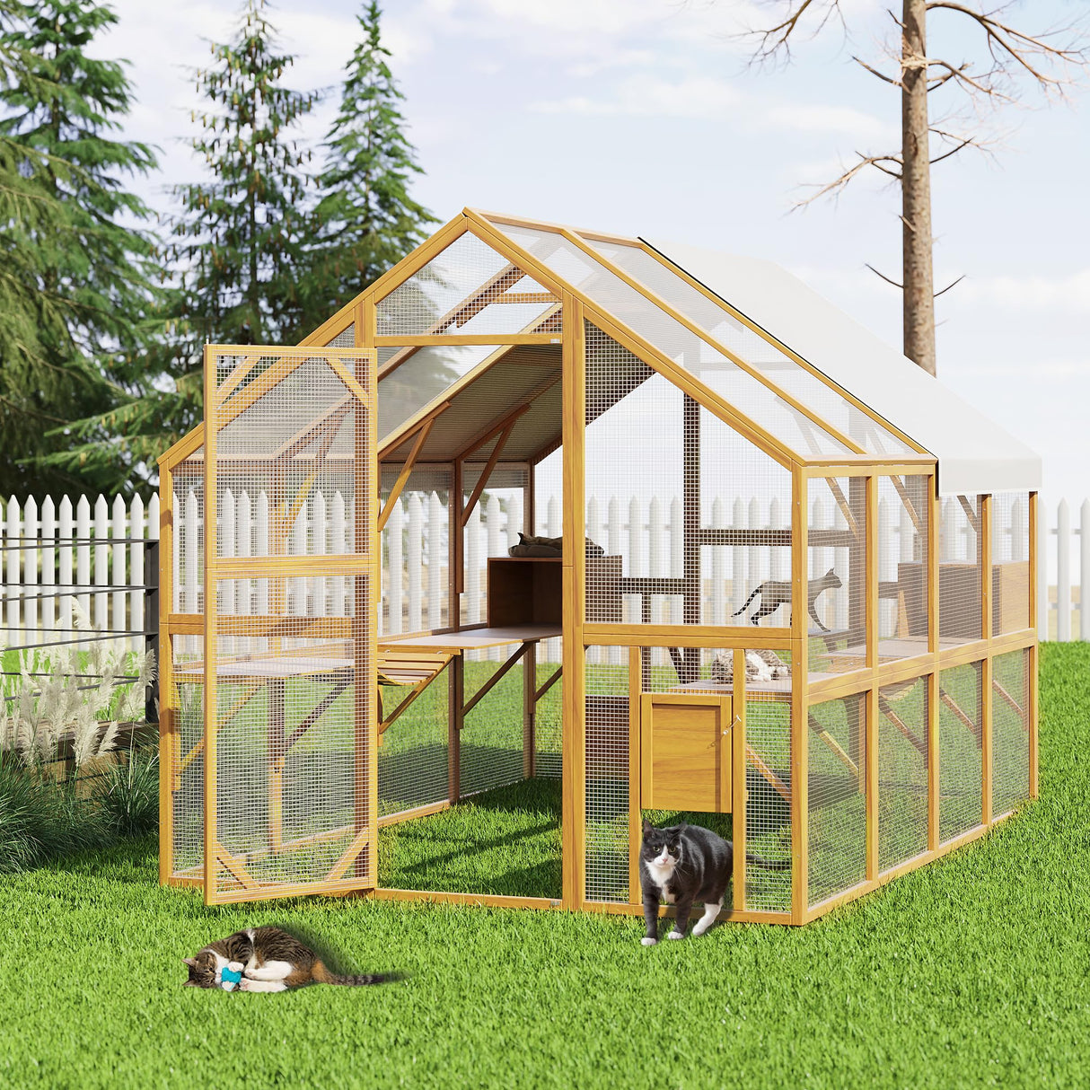 Lovinouse Extra Large Wooden Outdoor Cat House, 57ft² Cat Run Enclosure Walk in Catio Kitten Condo with Enter Door, 2 Doors, 2 Playpen & Hiding Houses, Bridges, Walks, Roof Cover, Golden Yellow Lovinouse
