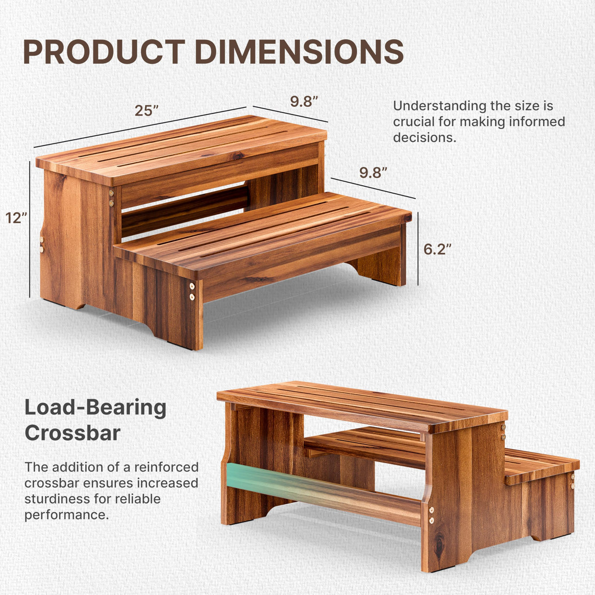TINAMO 25" Long Step Stool for Adult & Kid - Wooden Two Step Stool 500 Lbs - Riser 2-Step Spa & Hot Tub Stairs for Pool - Heavy Duty 2 Step Stools for Bed, Kitchen, Indoor/Outdoor (Acacia Wood) Tinamo