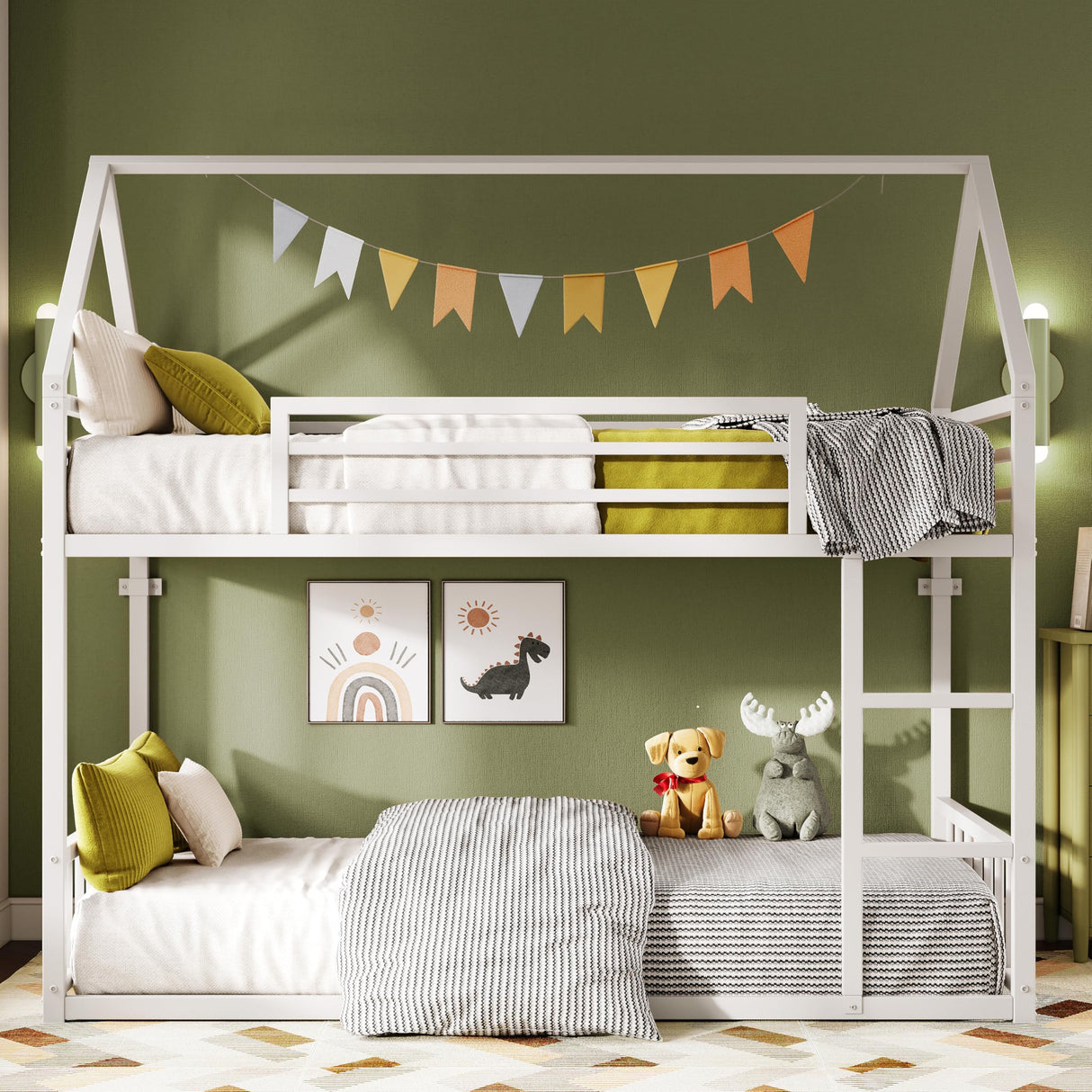 LIKIMIO Bunk Bed Twin XL Over Twin XL, Metal Bunk Bed Frame with Ladder and Guardrail, House Shaped with Metal Slats for Dormitory and Bedroom, Space Saving, No Box Spring Needed, White LIKIMIO