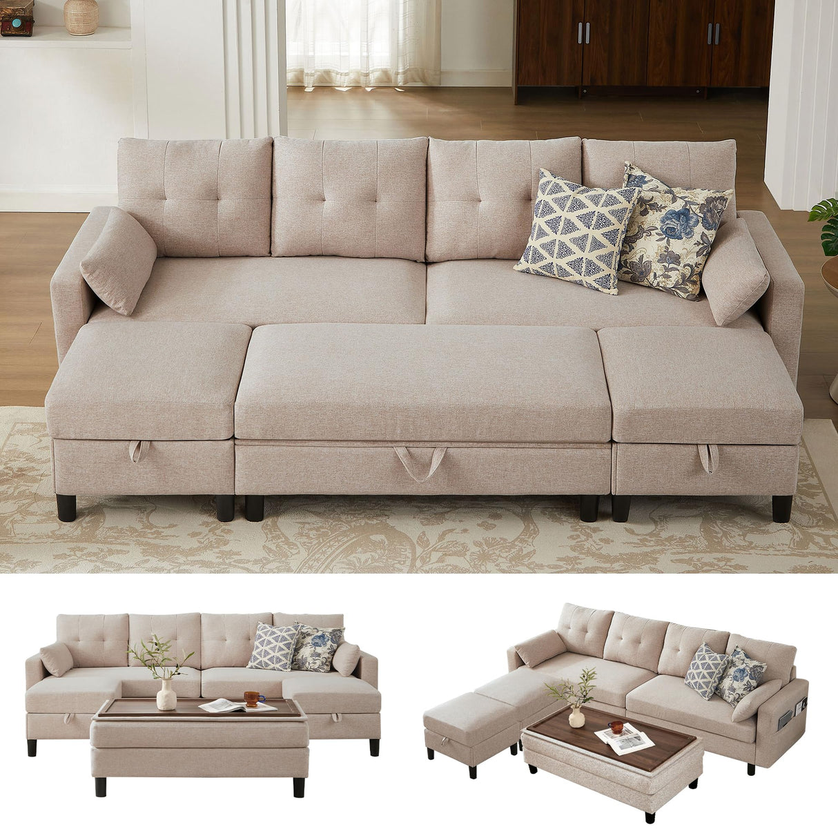 Pingliang Home 101" Convertible Sectional Sofa with Ottoman Coffee Table, Modern Linen Fabric U-Shaped Couch with Storage Pocket, 4 Seat Sofa Couches for Living Room, Apartment, Office, Beige Pingliang Home