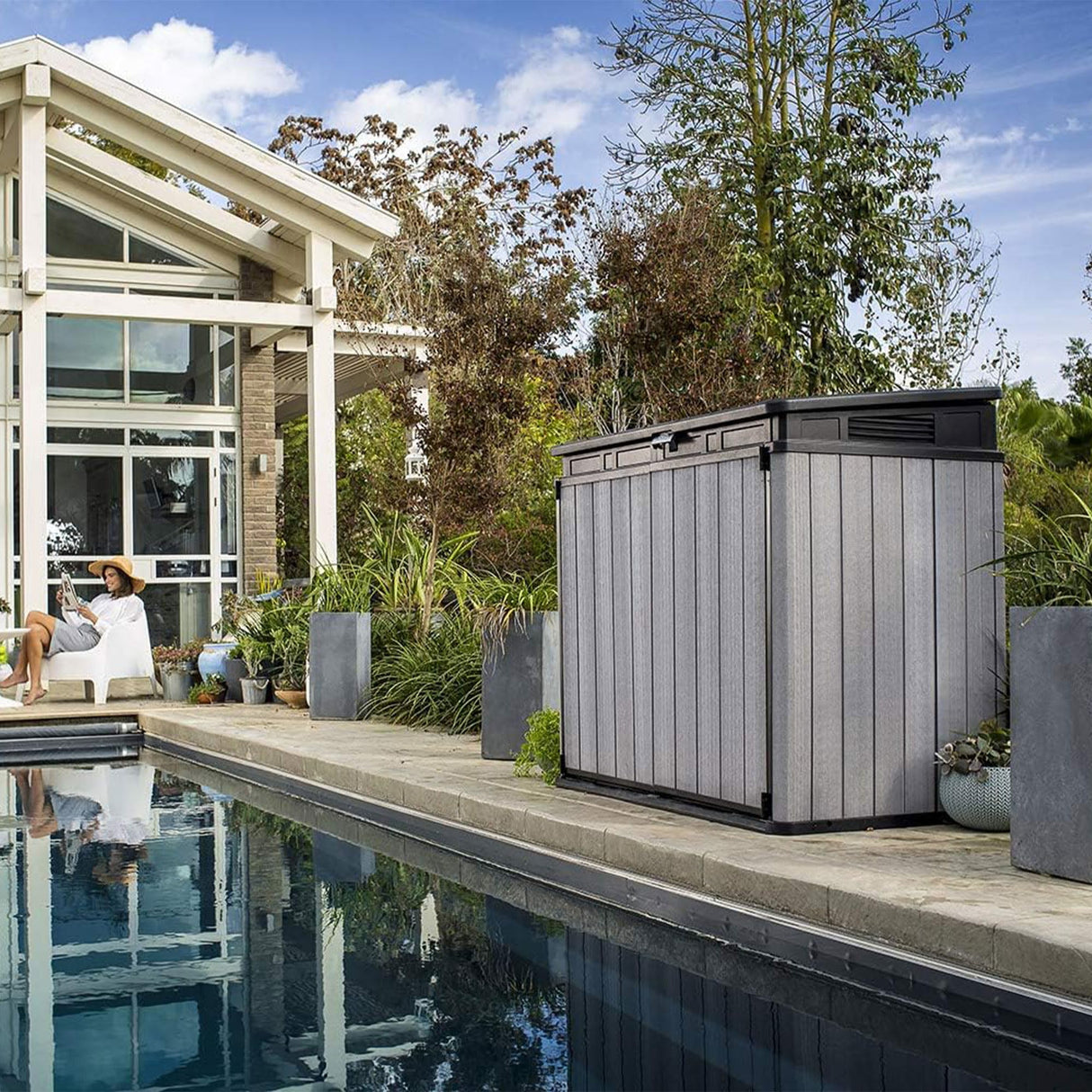 Keter Elite Store Outdoor Storage Shed, 4.6x2.7 Ft, All-Weather, Lockable Doors, Built-in Ventilation, Lid-to-Bin Kit, & Soft Close Mechanism, Grey Keter