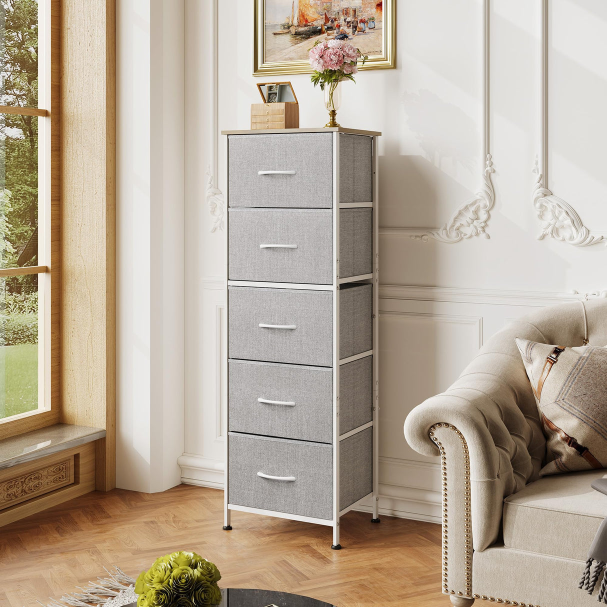 WLIVE Fabric Dresser, 5-Drawer Tall Dressers for Bedroom, Storage Dresser Organizer with Fabric Bins, Wood Top, Sturdy Steel Frame, Chest of Drawers for Closet, Hallway, Light Grey WLIVE