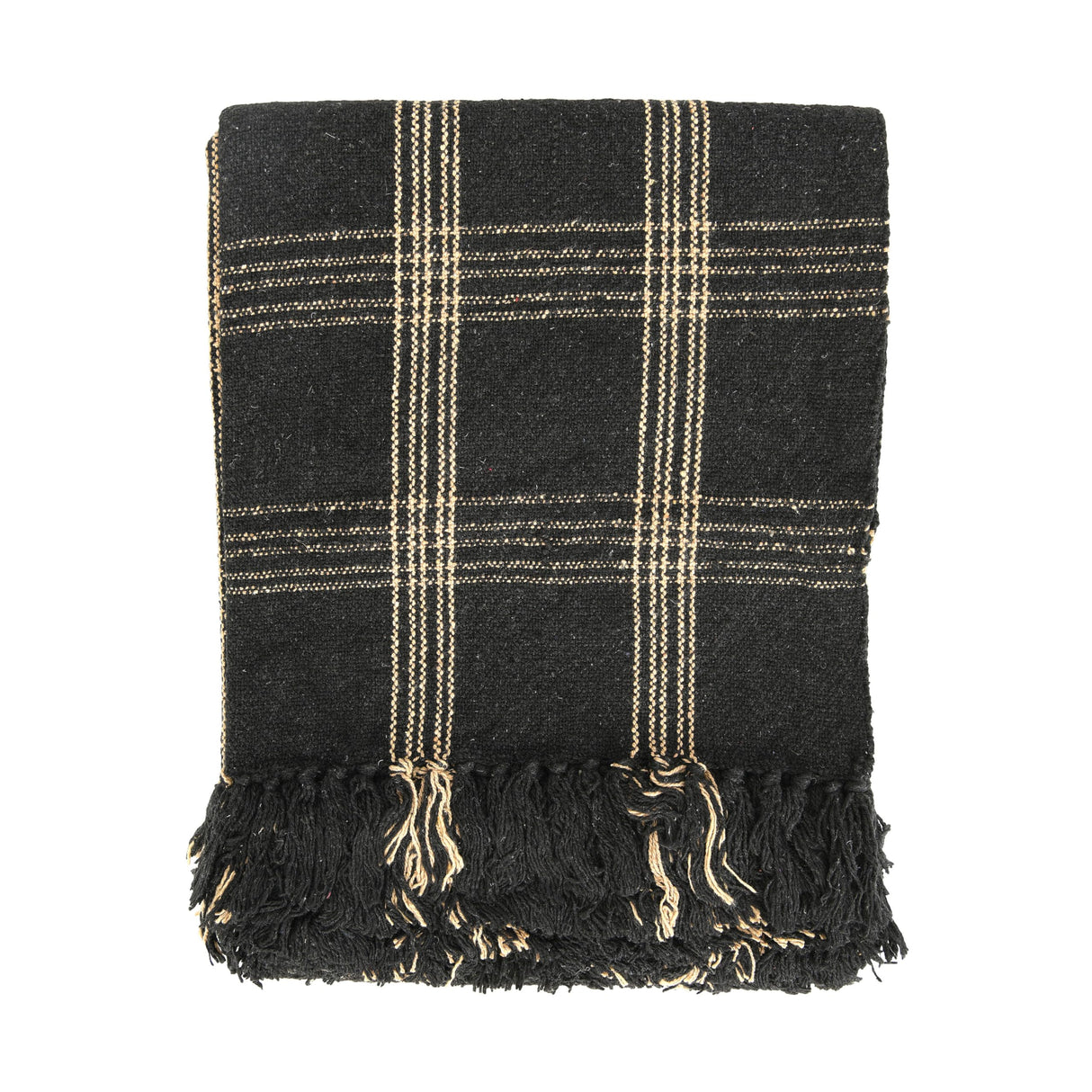 Plaid Black & Tan Fringed Woven Cotton Blend Throw Creative Co-Op
