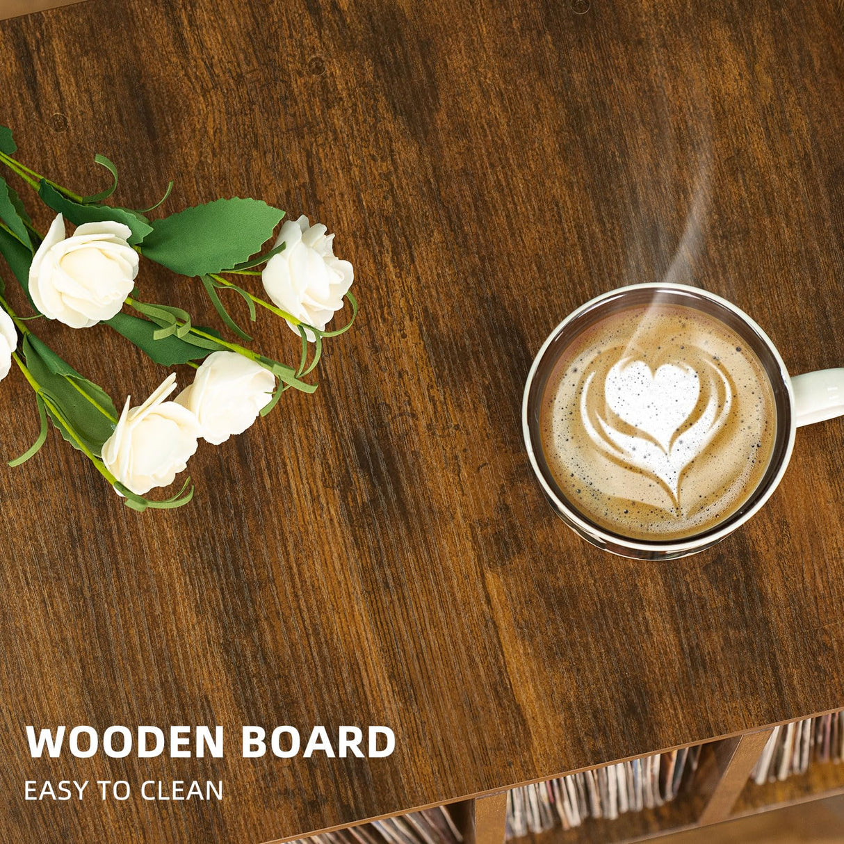 Lerliuo Record Player Stand with Storage Holds Up to 80 Albums, Turntable Stand with Beech Wood Legs, Mid-Century Record Player Table,Brown Vinyl Holder Display Shelf for Bedroom Living Room Lerliuo