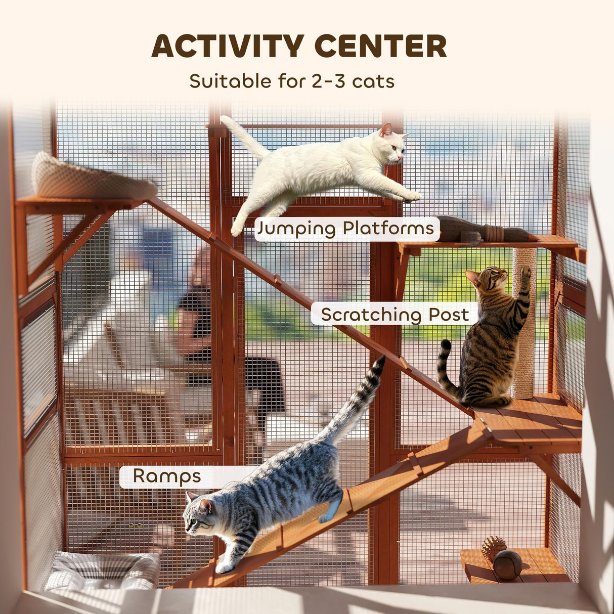 PawHut Outdoor Catio Cat Enclosure, Large Wooden Cat House with 6 Jumping Platforms, Scratching Post, 2 Ramps, Waterproof Roof, Cat Cage Window Access for 2-3 Kittens, 99" H, Orange PawHut