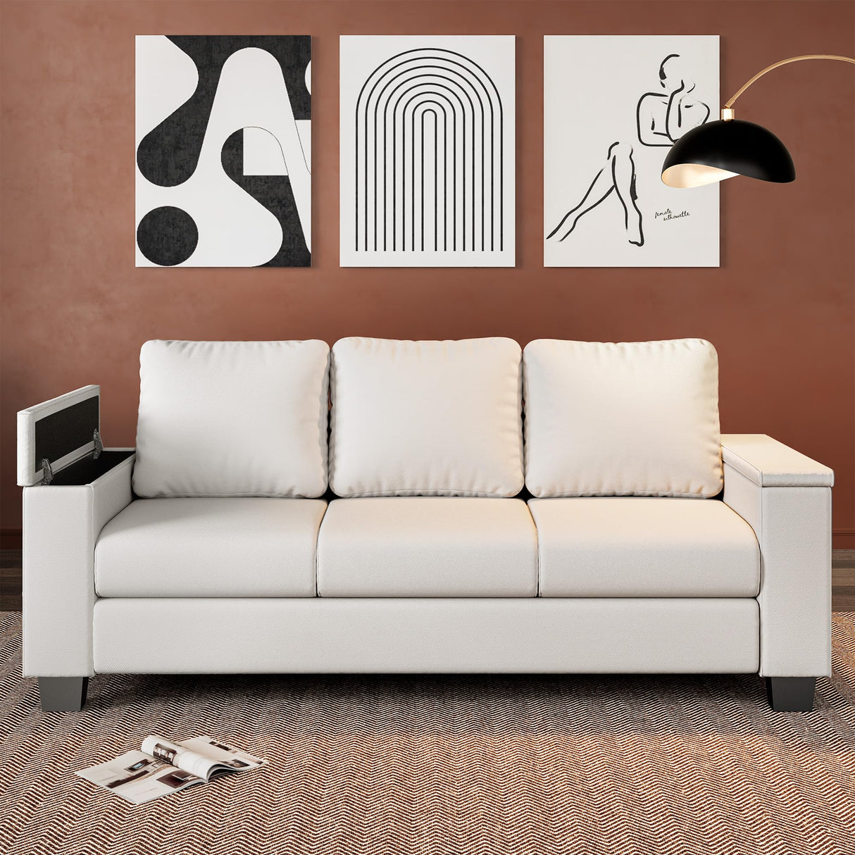 LIKIMIO Sofas Couches for Living Room, with Storage Wide Armrest, 80" Chenille 3 Deep Seater Couch, Skin-Friendly, Easy to Install(Beige) LIKIMIO