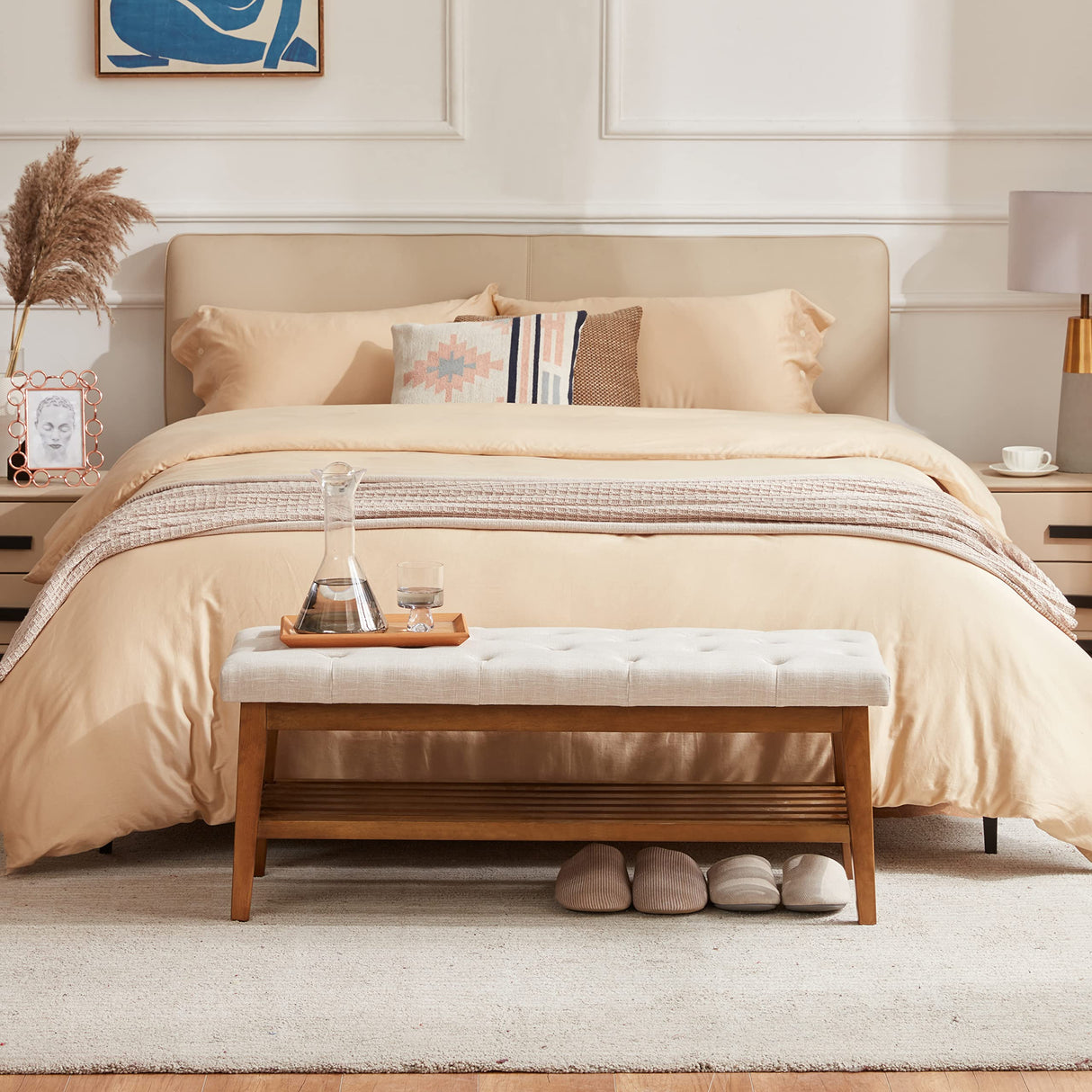 HUIMO Entryway Shoe Bench, End of Bed Bench,Upholstered Button-Tufted Bench for Kitchen, Fabric Ottoman Bench for Living Room, Padded Bench with Solid Wood Shelf Beige HUIMO