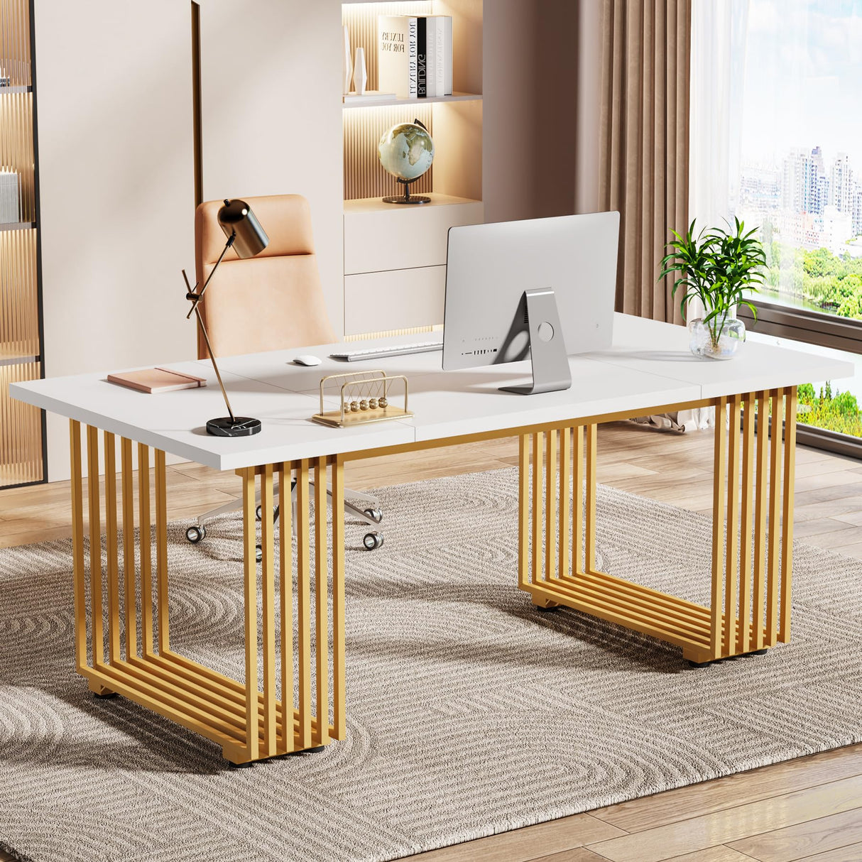 Tribesigns 70.9" Modern Office Desk, Wooden Computer Desk, White Executive Desk with Gold Metal Legs, Large Workstation for Home Office, Study Writing Desk, Small Conference Table for Meeting Room Tribesigns