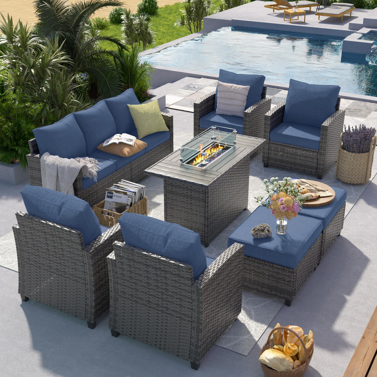 UDPATIO Outdoor Patio Furniture Set with 44" Fire Pit Table, 8 Pieces Sectional Conversation Sets, All-Weather Wicker Rattan Sofa Ottoman with 4" Thick Cushion for Garden Backyard Deck, Navy Blue UDPATIO