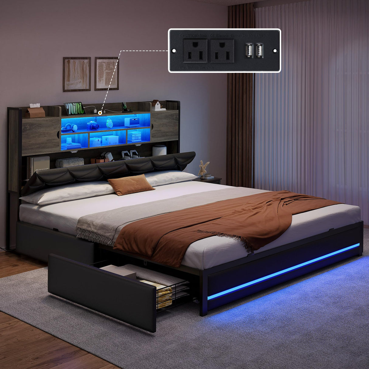 YITAHOME Queen Size Bed Frame with RGB LED Lights & Storage Bookcase Headboard, Upholstered Bed with Charging Station and 4 Drawers, No Box Spring Needed, Easy Assembly, Noise-Free, PU Leather Black YITAHOME