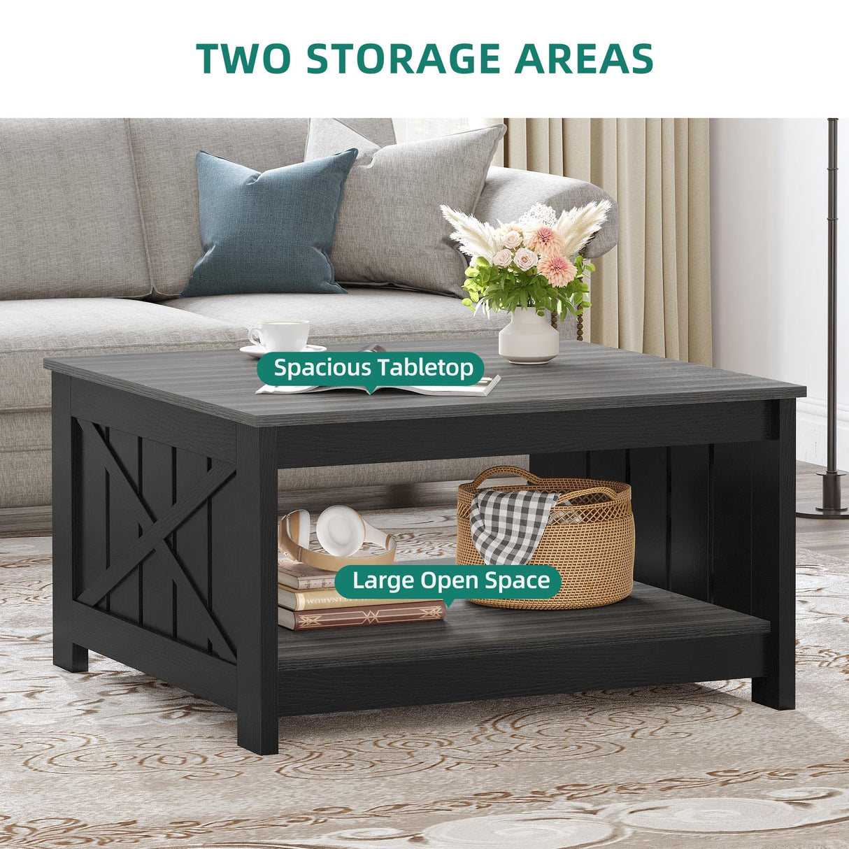 YITAHOME Coffee Table Farmhouse Coffee Table with Storage Rustic Wood Cocktail Table,Square Coffee Table for Living Meeting Room with Half Open Storage Compartment,Grey and Black YITAHOME