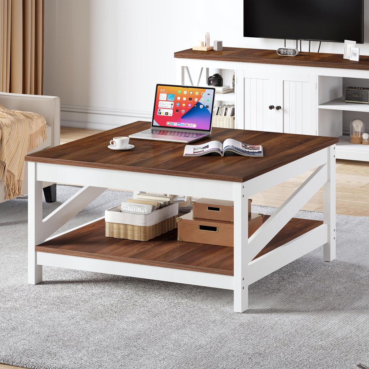 YITAHOME Farmhouse Coffee Table,Square Coffee Tables for Living Room,White Coffee Table with Storage,Wood Coffee Table with Sturdy Shelves,White YITAHOME