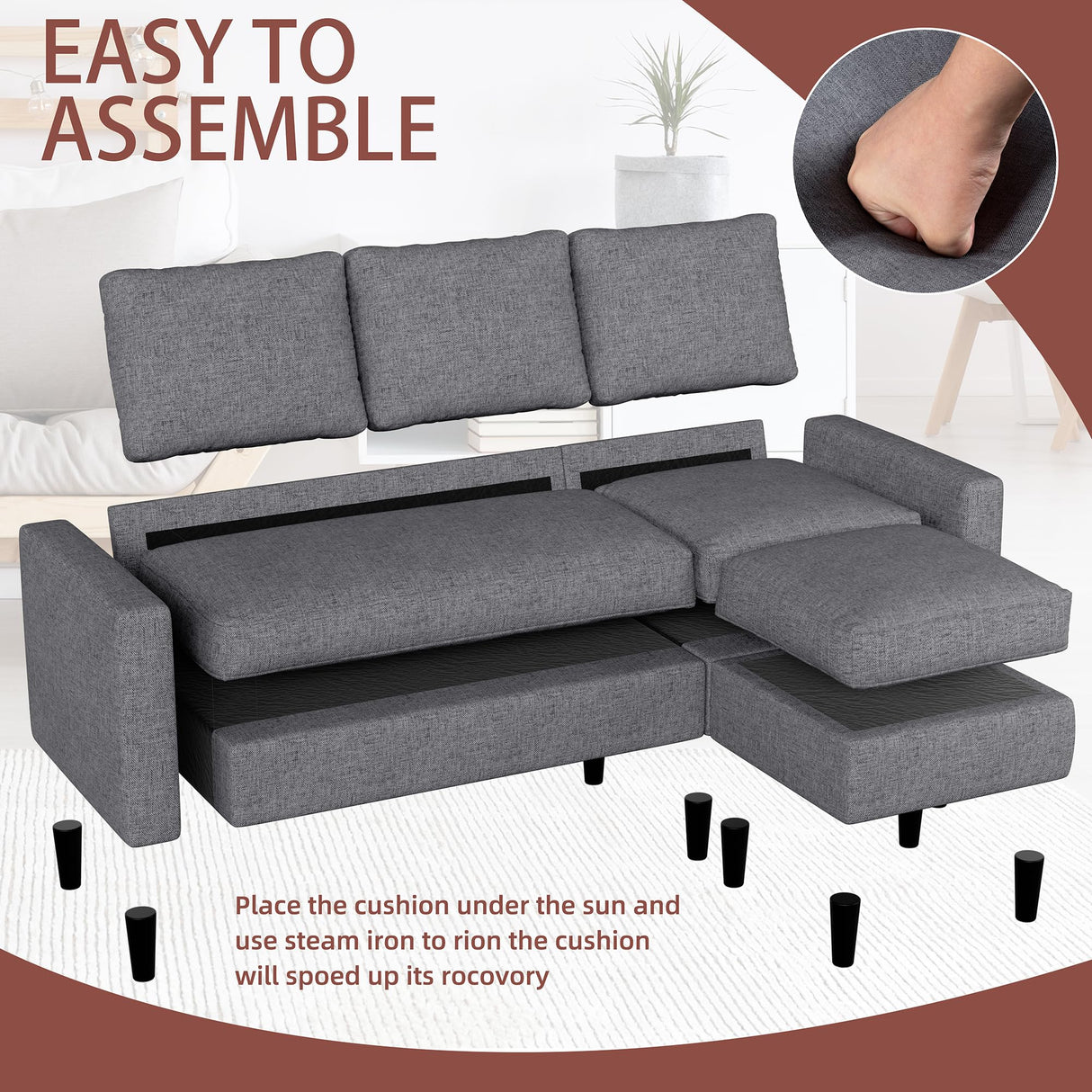 JAMFLY Sectional Sofa Couch Convertible L Shaped Sofas with Ottoman Small Sectional Couches for Living Room, 3 Seater Couch for Small Spaces, Dark Grey JAMFLY