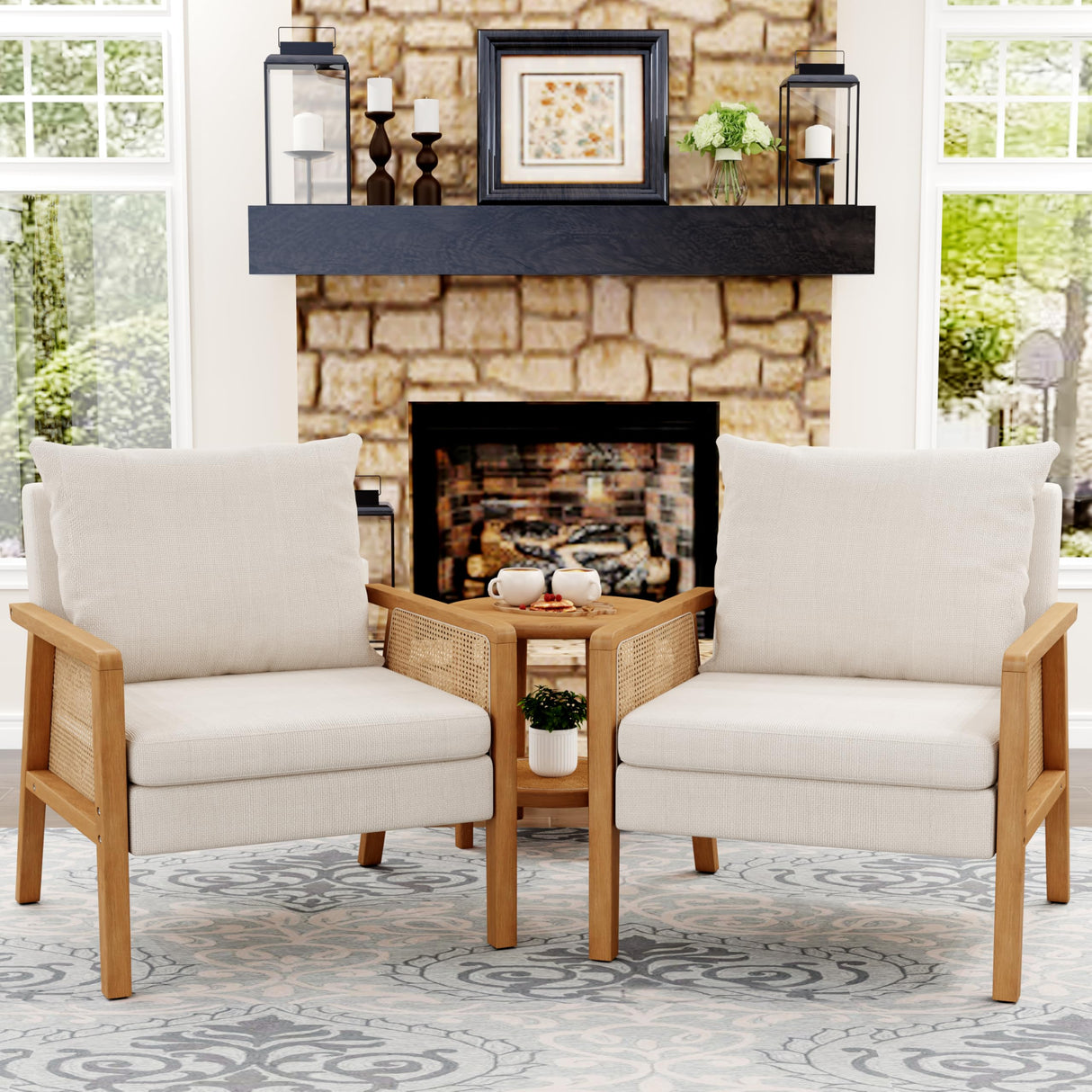 Awonde Ivory Accent Chair Linen Mid Century Modern Upholstered Living Room Chairs with Natural Rattan Arms Bedroom Reading Armchair Awonde