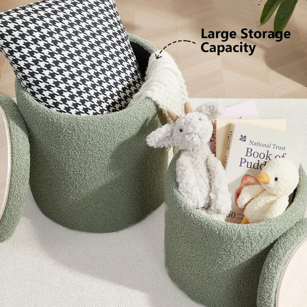 Royal Windsor Boucle Round Ottoman with Storage Set of 2,Small Foot Stool Ottoman for Living Room, Ottoman Coffee Table,Vanity Stool with Storage for Bedroom, Green Royal Windsor