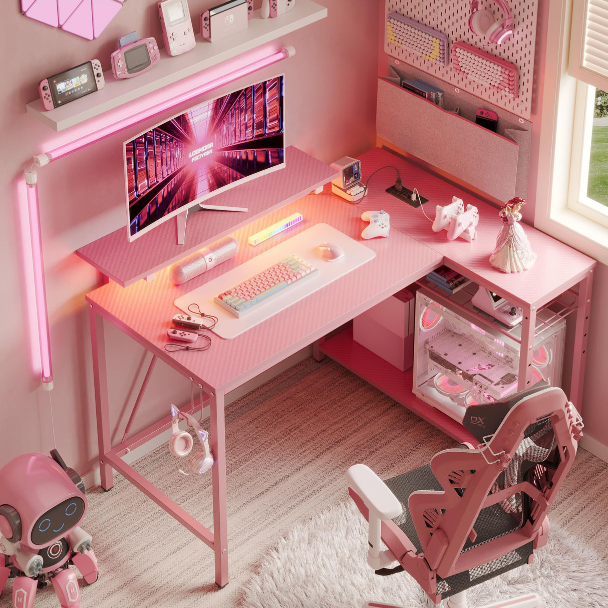Bestier Gaming Desk with Power Outlets, 42" L-Shaped Gaming Desk with LED Lights, Desk with Reversible Storage Shelves & Hooks for Small Spaces, Bedrooms & Offices,Carbon Fiber Pink Bestier