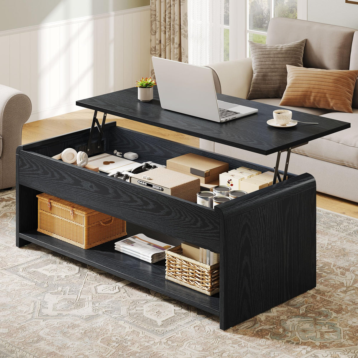 Homiflex Lift Top Coffee Table, 35'' Multi-Function Coffee Table with Hidden Compartment & Open Shelf, Curved Profile Design, Converts to Home Office Table, Dining Table for Living Room, Black Homiflex