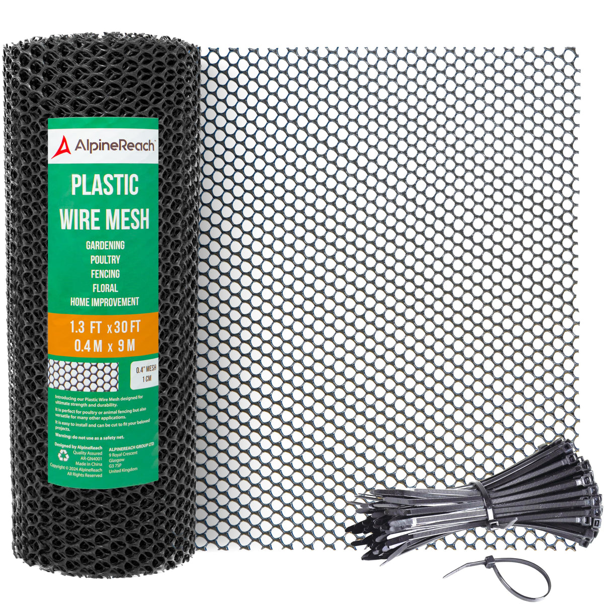 AlpineReach Plastic Wire Mesh 1.3ft x 30ft (15.7" x 360") Fence Roll with Zip Ties - Ideal for Poultry, Dogs, Rabbit Barrier & Gardening, Durable Chicken Mesh, Versatile Rigid Fencing & Netting, Black AlpineReach