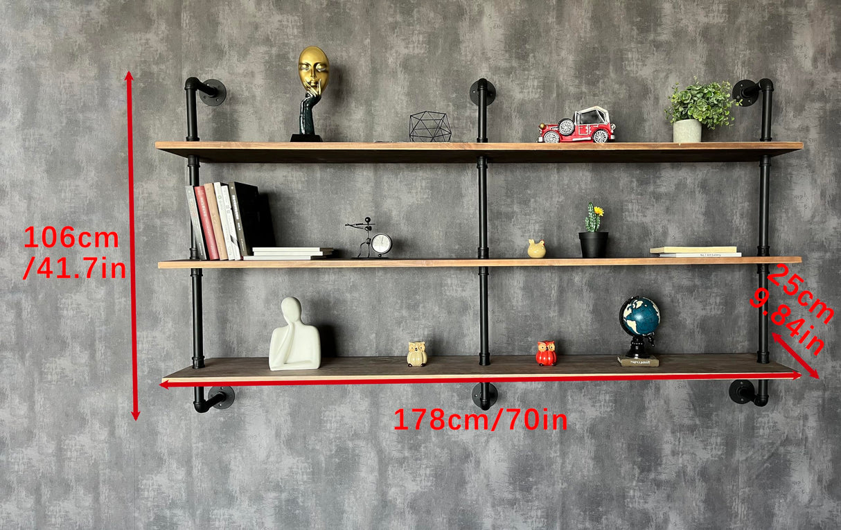 HDDFER Floating Shelves 70 inch Wall Bookshelf Industrial Pipe Shelving Shelves Real Wood Planks Rustic Wall Shelves Hanging Bookshelves Farmhouse Kitchen Bar Shelving HDDFER