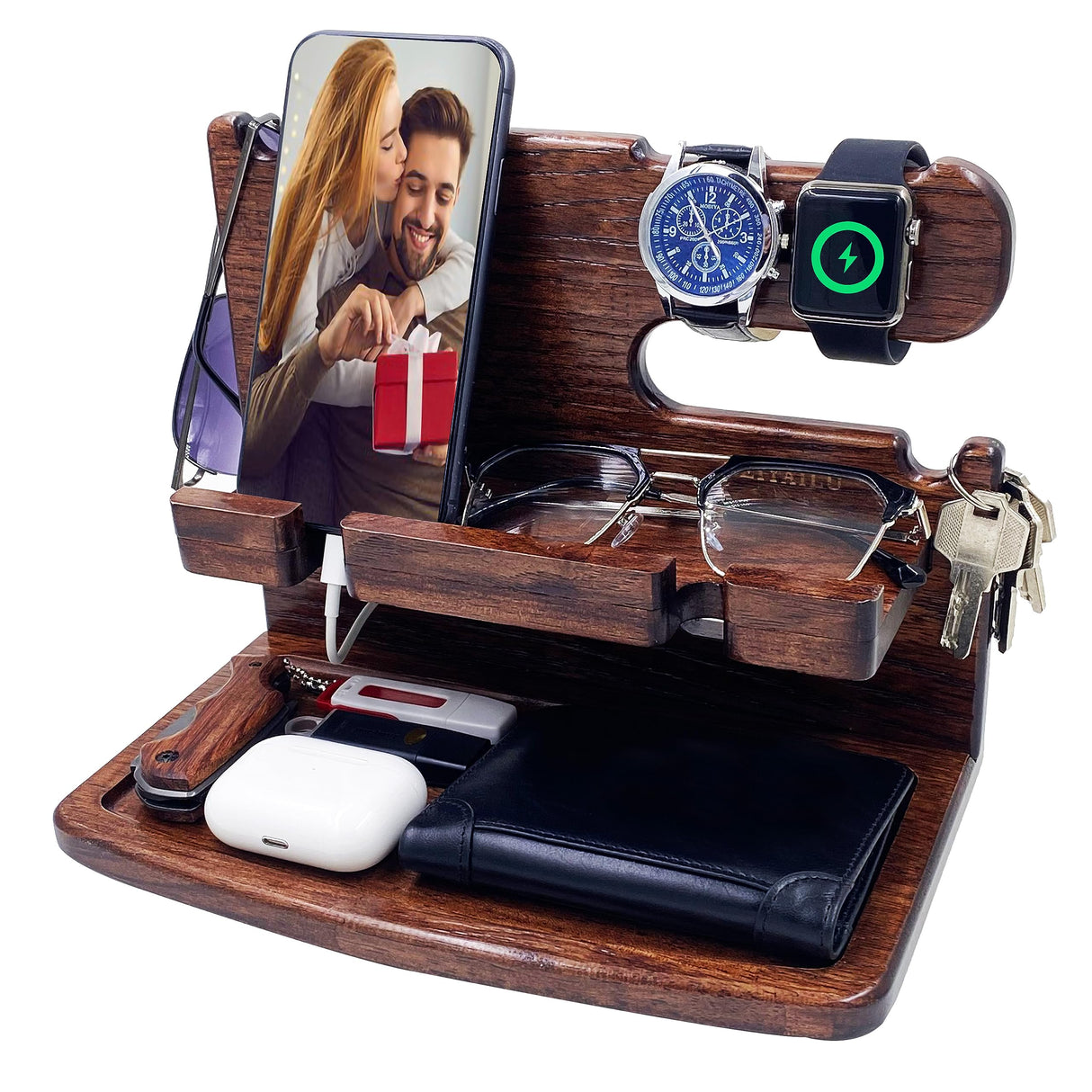 VEIYAILU Gifts for Men Women Dad Husband Boyfriend Wood Phone Docking Station Nightstand Organizer for Men(Dark Brown) VEIYAILU